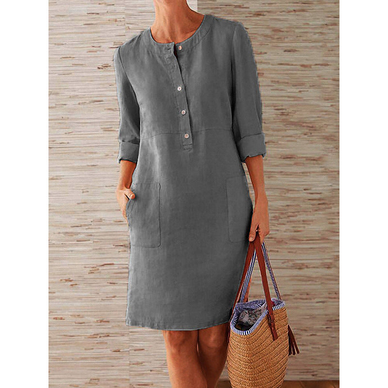 Spring NEW round Neck Solid Color Long Sleeve Dress
