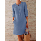 Spring NEW round Neck Solid Color Long Sleeve Dress