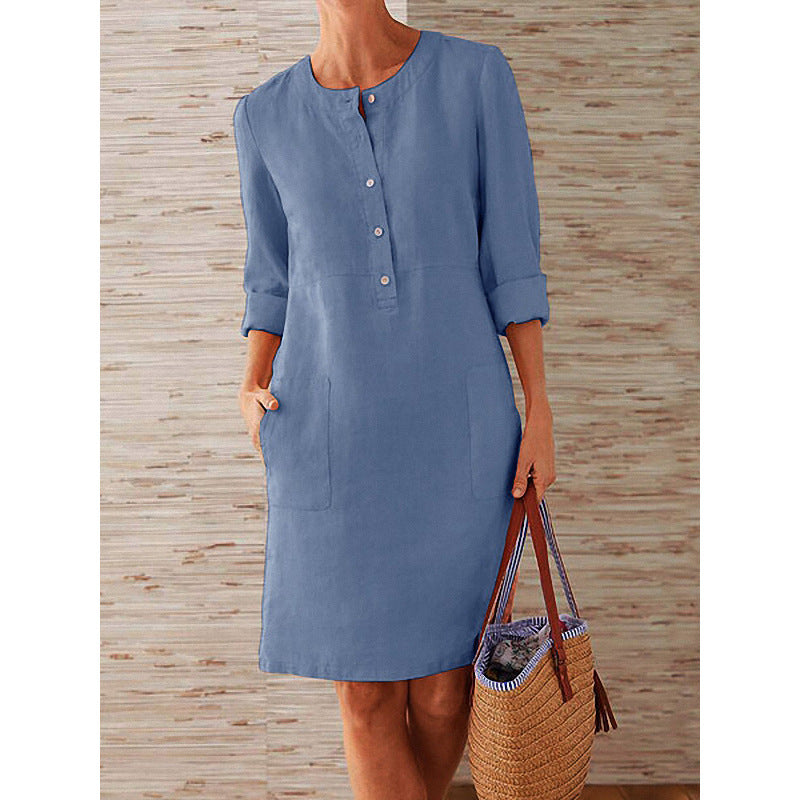 Spring NEW round Neck Solid Color Long Sleeve Dress