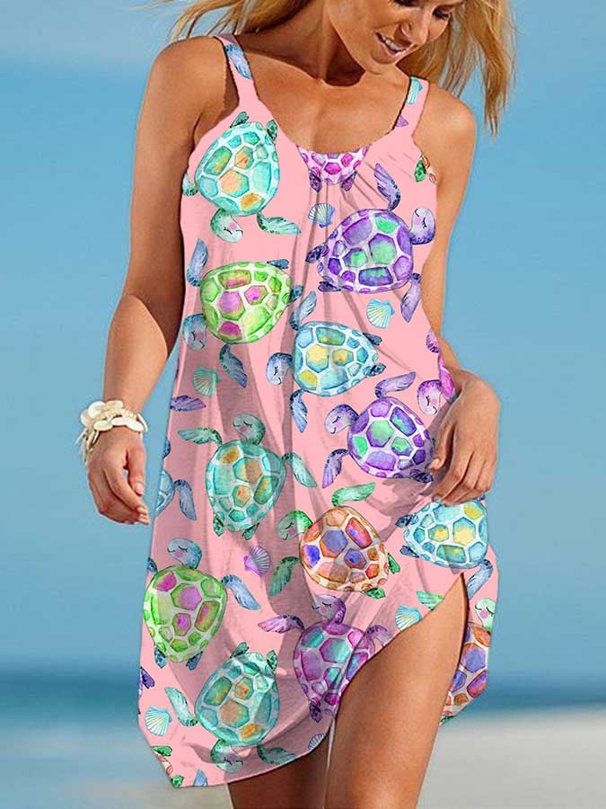 Vacation Watercolor Sea Turtle Print Slip Dress