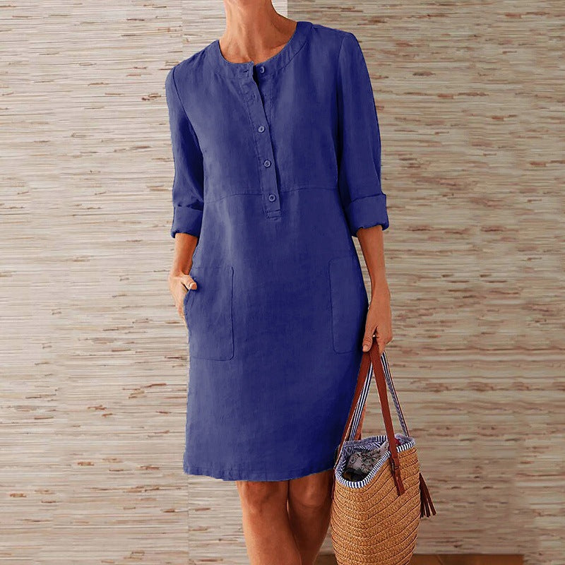 Spring NEW round Neck Solid Color Long Sleeve Dress