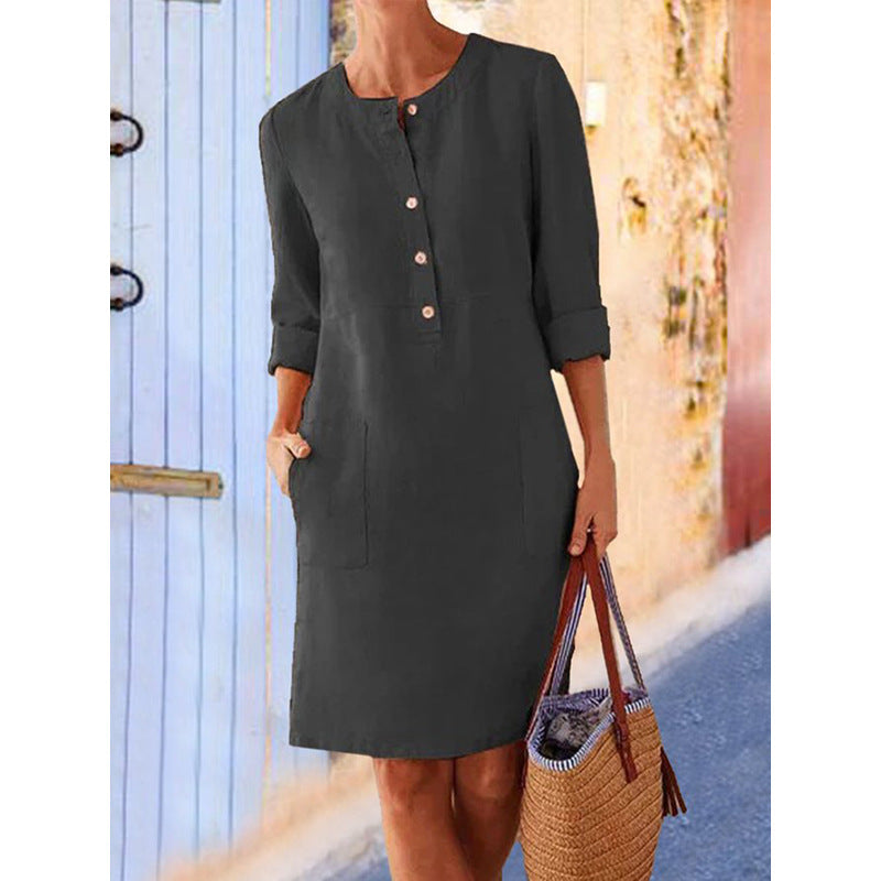 Spring NEW round Neck Solid Color Long Sleeve Dress