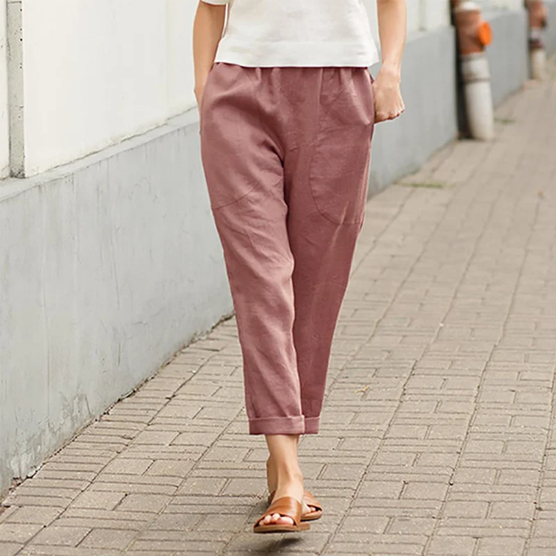Women's Cotton Linen Solid Color Loose Pocket Harem Pants