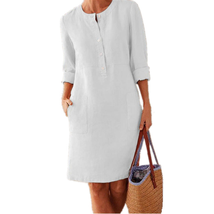 Spring NEW round Neck Solid Color Long Sleeve Dress