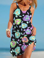 Vacation Watercolor Sea Turtle Print Slip Dress